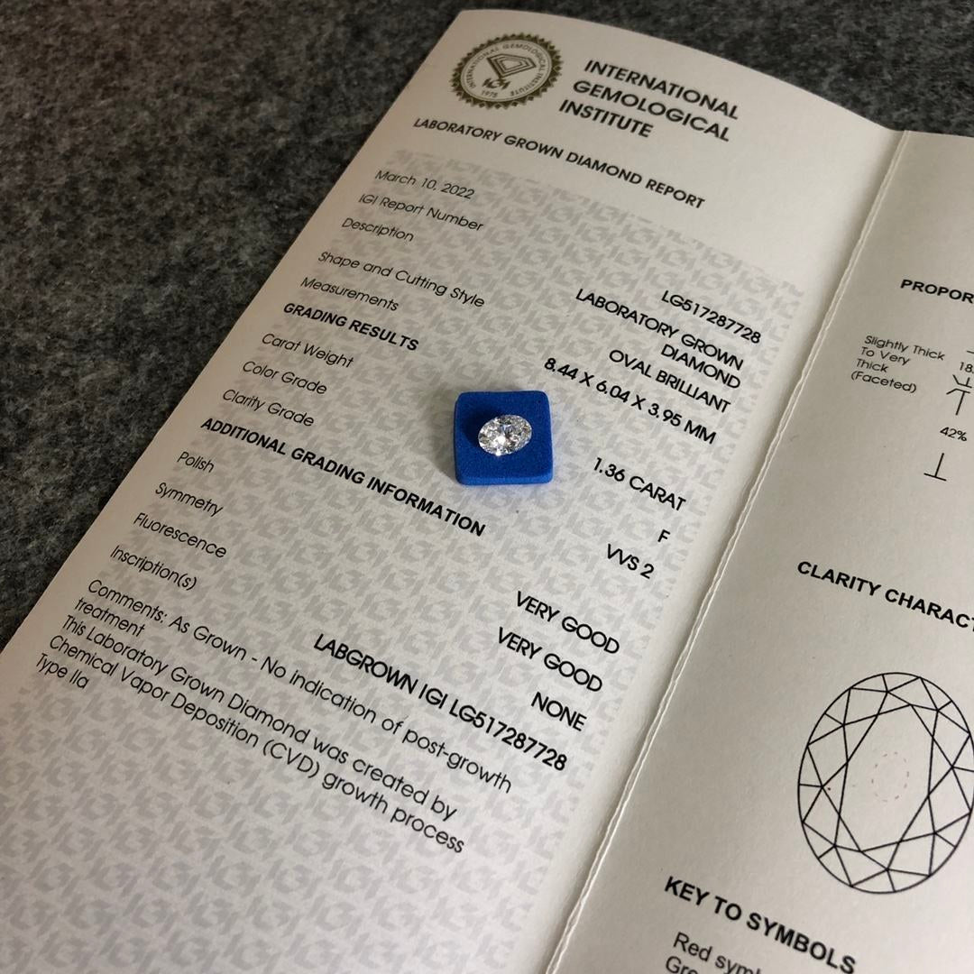Diamante Oval Brillante 1.36ct F VVS2 — Certificado IGI